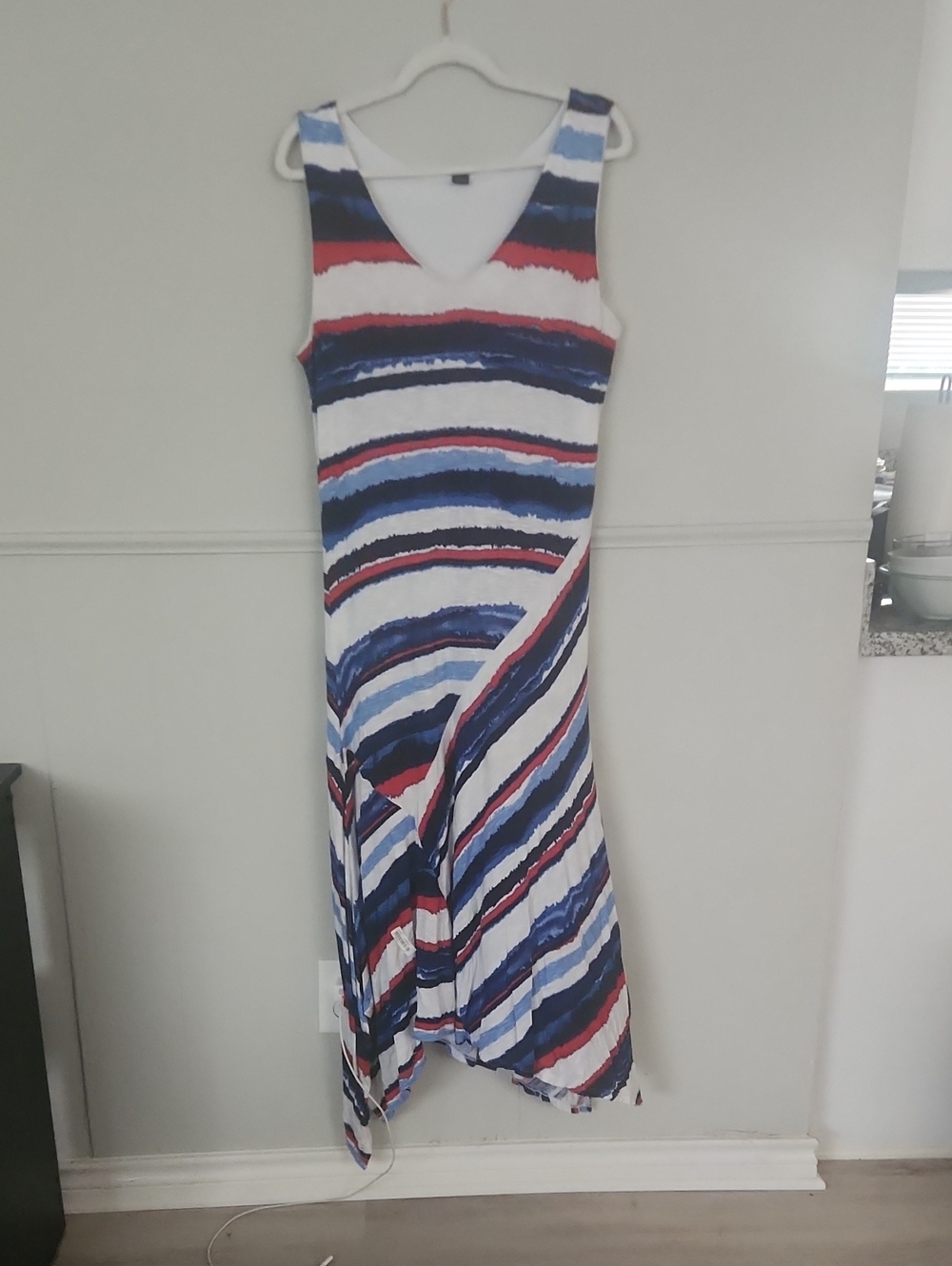 Tribal Striped Sleeveless V-Neck Maxi Dress in Blue, Red & White